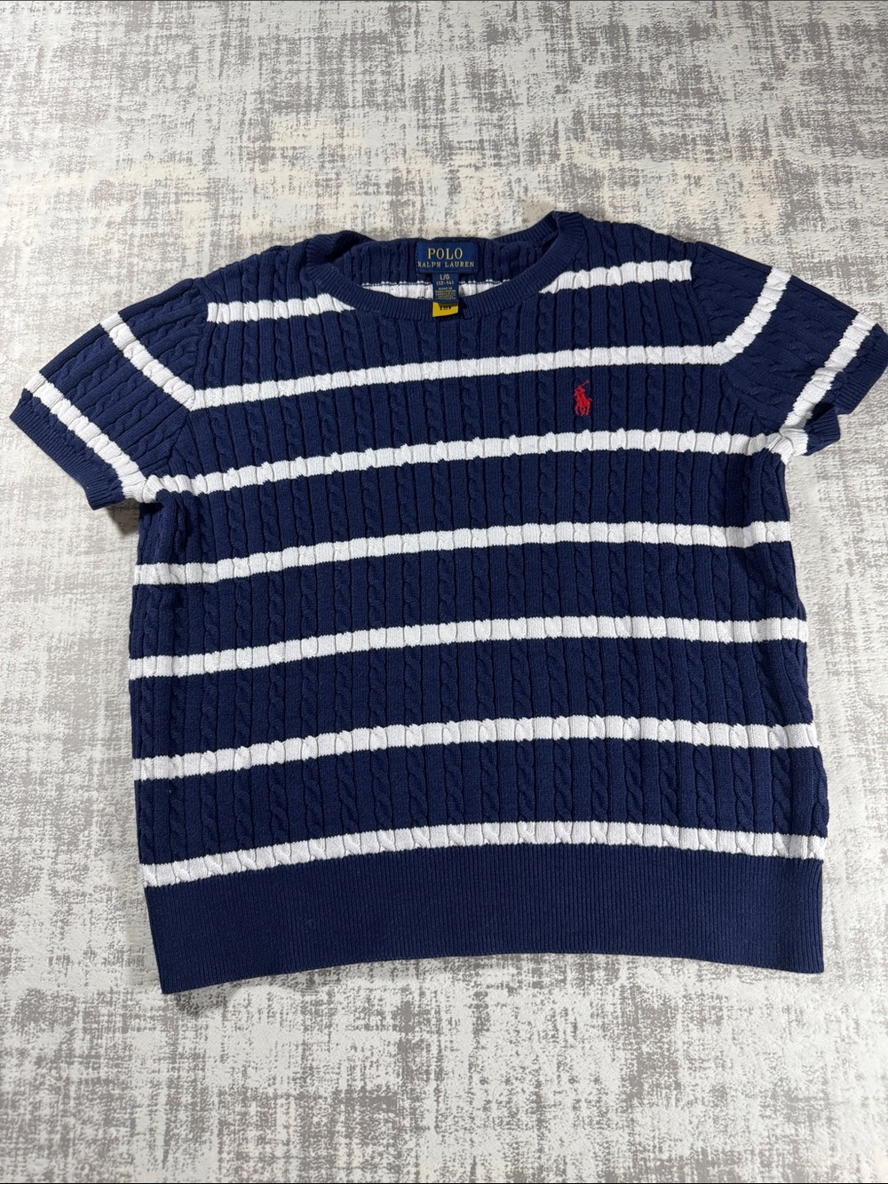 Polo Youth by Ralph Lauren Navy & White Striped Cable Knit Sweater sz L 17X15.5